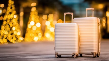 Luggage stands ready for travel amidst glowing holiday decorations