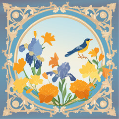Vector classic vintage illustration of rich baroque frame, aesthetic elements, elegant pattern, irises, marigolds and bird for greeting card, wedding invitation or background