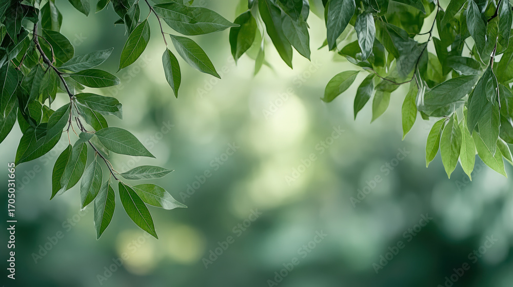 Poster lush green leaves create serene atmosphere with soft bokeh background