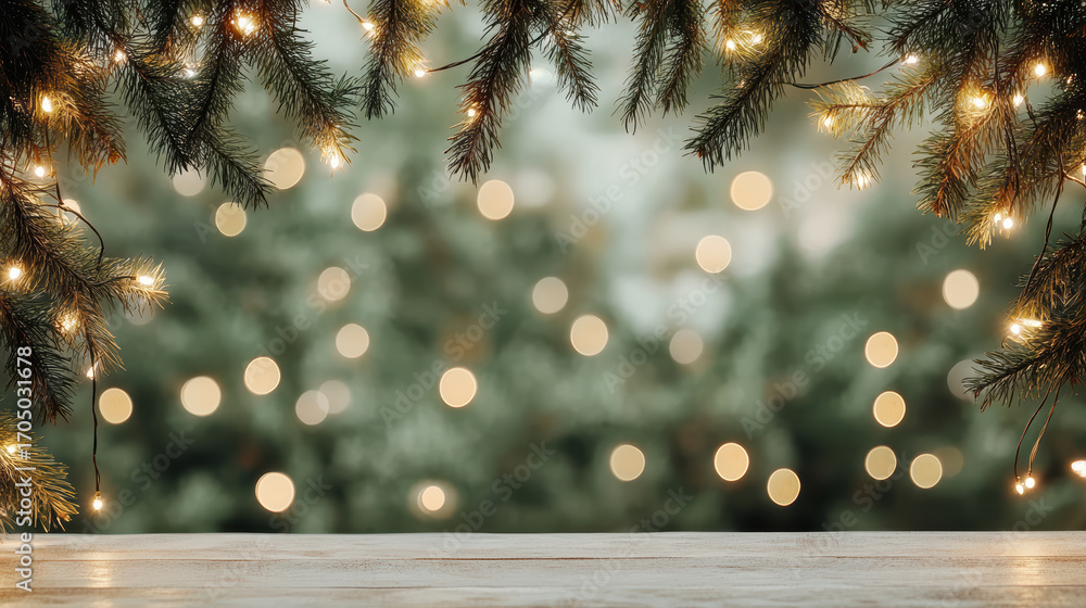 Poster festive bokeh lights create warm atmosphere with pine branches framing scene