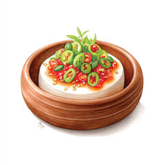 Spicy Feta Cheese Dip with Jalapenos and Chili Sauce in a Wooden Bowl.