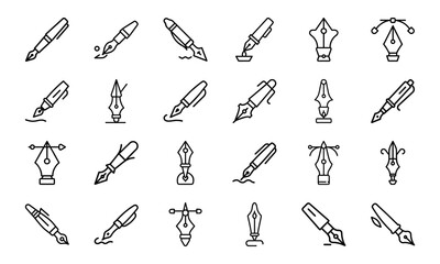 Collection of Fountain Pen and Nib Line Icons Representing Writing Tools, Calligraphy Pens, Ink Pen Tips, Graphic Design Tools, and Minimal Stationery Symbols in Outline Vector Style