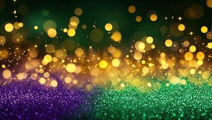Mardi Gras Green and Purple Glitter Background with Bokeh Lights, a glittery background with a bokeh effect, featuring green and purple glitter on a green and purple background.