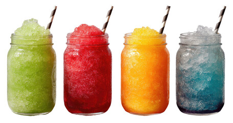 Four colorful slushy drinks in mason jars