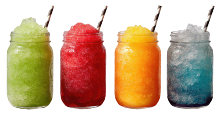 Four colorful slushy drinks in mason jars