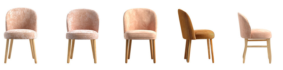 Fototapeta premium Multiple blush and light brown upholstered chairs, various views