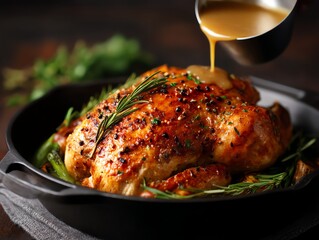 Autumn holiday meal preparation, turkey roasted golden with gravy