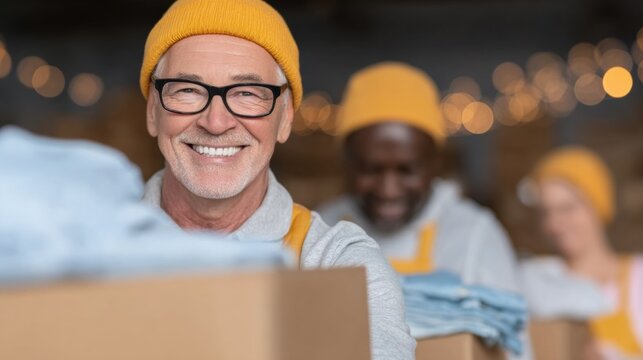 Volunteers sorting clothes in a warehouse during a community event