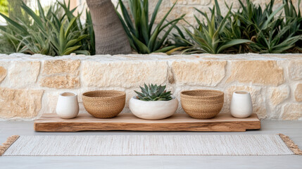 Natural decor, wooden tray, woven baskets, succulent plant, minimalist design