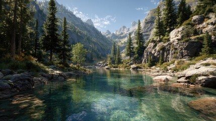 Mountain river valley, crystal-clear water, pine trees, serene