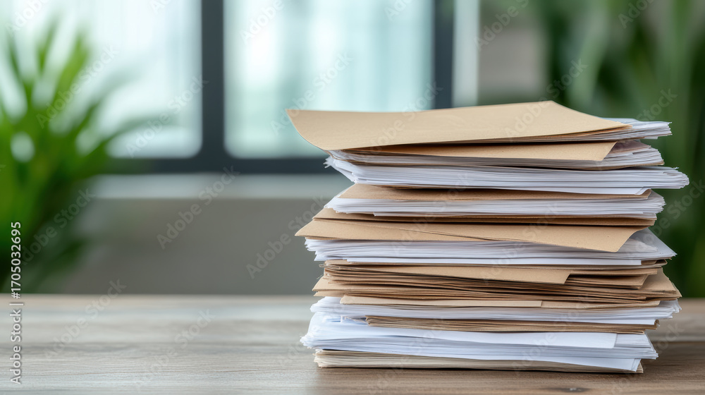 Poster stacked papers and memo notes on wooden table with blurred background of greenery