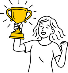 Fototapeta premium Business woman champion golden winner cup. Award prize, win award. Business success, goal achievement celebration. vector people character illustration. Leadership, archievement, winning award trophy