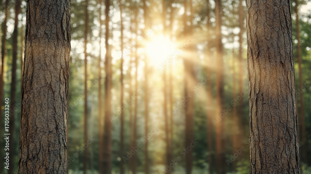 Poster sunlight filters through trees, creating warm, golden bokeh effect in serene forest