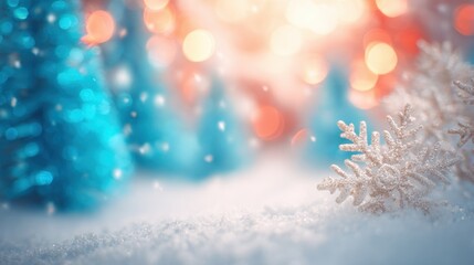 Snowflakes and blue trees create a magical winter wonderland landscape