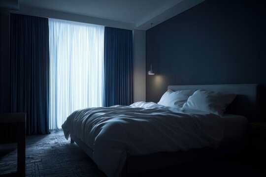 Serene bedroom with soft light and elegant blue curtains - Powered by Adobe