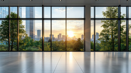Fototapeta premium Modern interior with large windows showcasing sunset view over city skyline and greenery