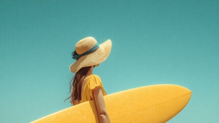 Surfer holds a yellow surfboard while enjoying the clear sky at the beach during a sunny day