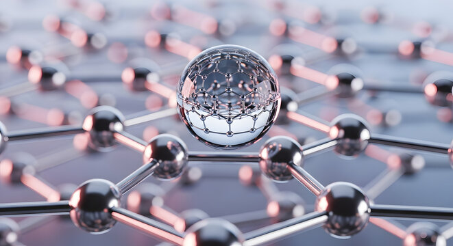 Close up of a molecular structure with a sphere in the center focus