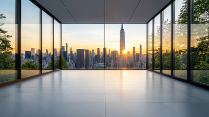 Fototapeta premium Stunning sunset view of urban skyline through glass walls, showcasing cityscape beauty