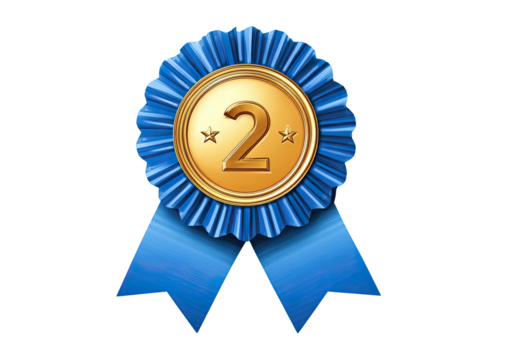 Second-place award, a gold medal with the number two,  set within a ruffled blue ribbon - Powered by Adobe