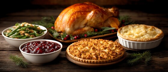 Holiday dinner with turkey, crispy stuffing, and festive pie dessert