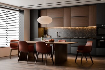 Modern dining room and open-kitchen with reddish-orange chairs and a dark marble backsplash. 3D render.