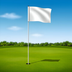 Obraz premium Blank golf flag in a grassy golf course with a clear sky. Empty flagpole on a green golf course with the flag waving.