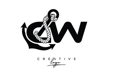 CW Creative Monogram Latter Logo with Anchor and Rope Design Minimalistic Logo Design 