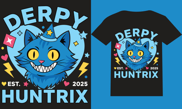 Derpy Huntrix Blue Cat Flat Vector T-Shirt Design 