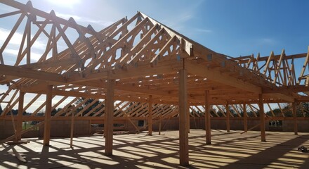 Wooden Structure Construction: Detailed View of Beams, Rafters, and Sunlight Shadows
