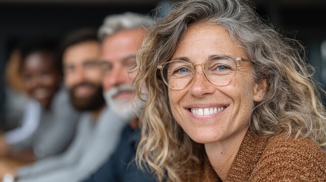 Smiling entrepreneur at business meeting with diverse colleagues in modern office at night, looks directly at the camera