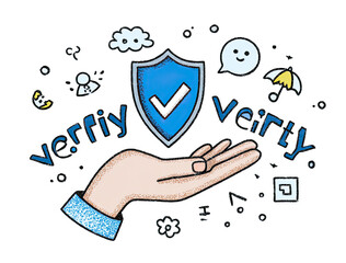 Hand holding a shield with a checkmark, surrounded by security icons