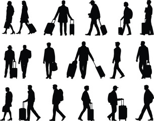 Silhouettes of diverse travelers walking with luggage, rolling suitcases, backpacks, business people, tourists, commuting adults, airport travel scenes, journey, trip, vacation, city commuters,