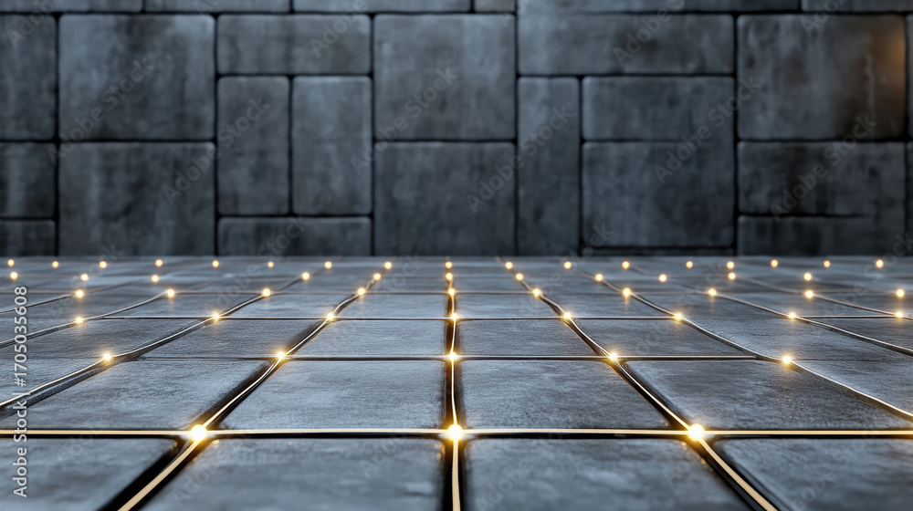 Poster modern floor design featuring illuminated tiles with textured stone wall in background