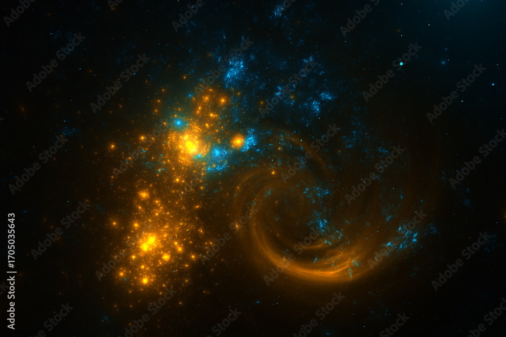Wall mural dazzling display of bright yellow and blue stars within a swirling galaxy in deep space. this lumino