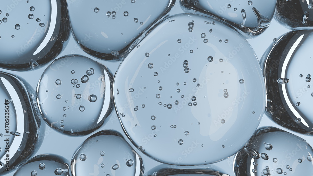Poster clusters of spherical bubbles and droplets float within a clear liquid, showcasing a mesmerizing arr