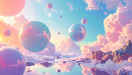 Fototapeta premium A vibrant, ethereal landscape features floating orbs and pastel-hued clouds, reflecting peacefully on a calm body of water.