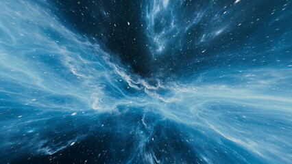 Vast expanse of deep space filled with swirling blue nebula clouds and numerous bright stars,...