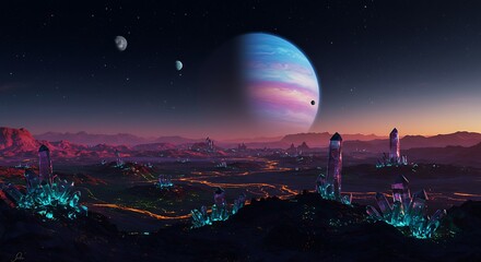 Naklejka premium Alien Planet Landscape with Colorful Skies, Crystalline Structures, and Moons in the Night Sky