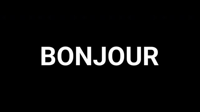 Abstract animation reveals the word Bonjour with geometric shapes and transitions. 4K text animated video of French Hello.