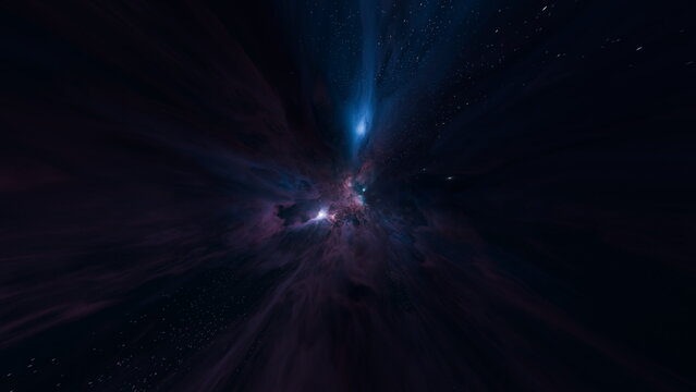 mesmerizing view of a vibrant cosmic nebula reveals swirling clouds of gas illuminated by distant stars. scene captures the grandeur of deep space, showcasing its ethereal beauty. 3d render