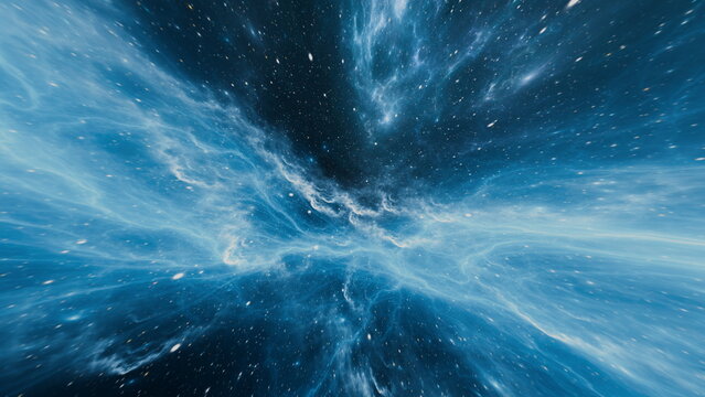 Vast expanse of deep space filled with swirling blue nebula clouds and numerous bright stars, creating a captivating cosmic atmosphere. mesmerizing view of the universes beauty. 3d render