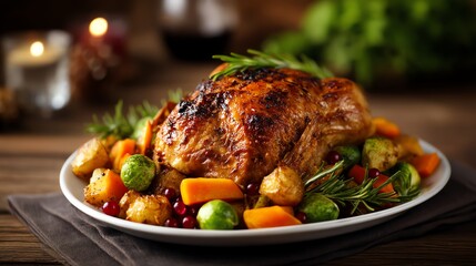 Thanksgiving holiday meal, rustic table with crispy roasted turkey