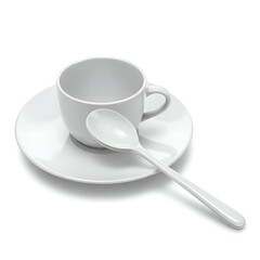 Empty white coffee cup and saucer with a matching spoon resting on the saucer. Simple, clean presentation of tableware items for a product catalog or promotional material.