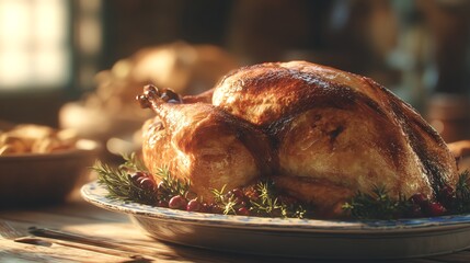 Traditional Thanksgiving turkey on table, family feast golden poultry