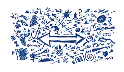 Abstract, dark blue graphic.  Intricate, overlapping shapes, symbols, and arrows.  Complex, chaotic, yet balanced design