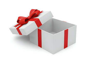 Open gift box with red ribbon and bow, presented in a studio setting. Empty box with lid ajar, showcasing a blank interior. Generic gift box. ideal for retail and promotional use.