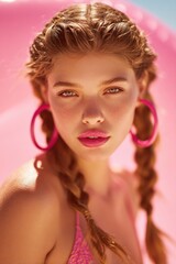 Fototapeta premium Romantic and nostalgic a woman wears a delicate lace dress in pastel tones paired with subtle makeup and graceful accessories.