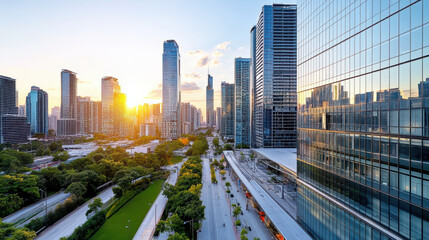 Fototapeta premium Stunning skyline view of modern business district sunset, showcasing tall buildings and greenery