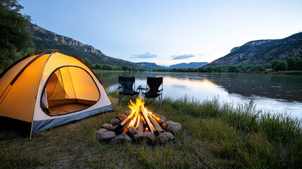 Camping tent campfire river mountains outdoor adventure relaxation nature evening sky